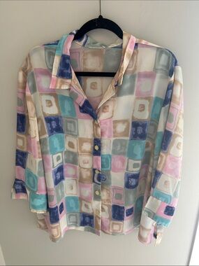 Vintage Pastel Geo-Print Button-Up Blouse - Multi